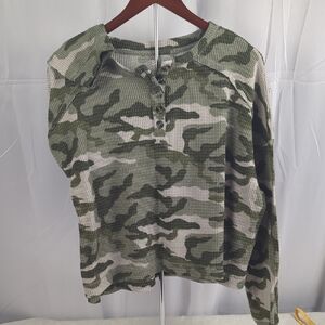 SO Women's Green Camo Waffle Knit Henley Sweater